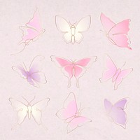 Flying butterfly sticker, pink gradient line art vector animal illustration set