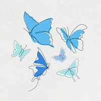 Flying butterfly sticker, blue line art psd animal illustration collection