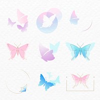 Butterfly logo badge, pastel aesthetic psd flat design set