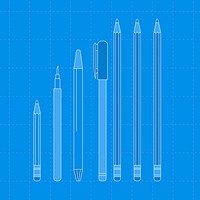 Blue stationery outline, psd illustration set