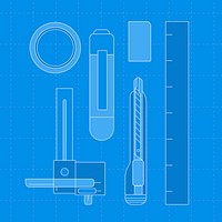 Blue stationery outline, psd illustration set