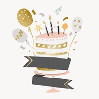 Cute birthday cake sticker, blank ribbon banner design psd