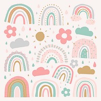 Rainbow in cute doodle style psd set