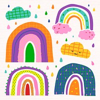 Colorful rainbow in funky doodle style psd set