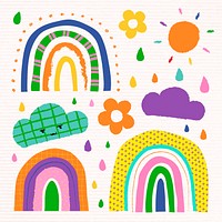 Funky rainbow in doodle style psd set