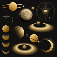 Celestial art sticker, gold aesthetic galaxy illustration vector set