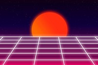 Vaporwave moon background, retro futuristic neon design with grid vector