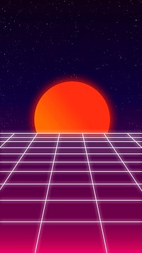 Vaporwave moon iPhone wallpaper, retro futuristic neon design with grid