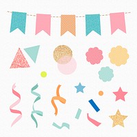 Birthday celebration sticker, colorful glitter confetti and ribbons clipart vector set