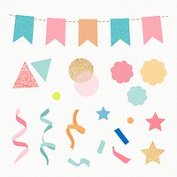 Birthday celebration sticker, colorful glitter confetti and ribbons clipart psd set