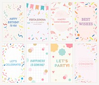 Festive confetti Instagram story template, colorful celebration vector set