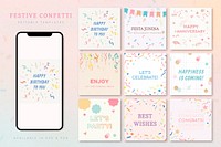 Festive confetti Instagram post template, colorful celebration vector set