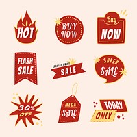 Sale badge sticker, doodle shopping clipart vector set