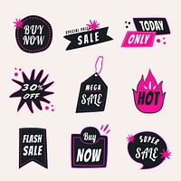 Sale badge sticker, doodle shopping clipart vector set