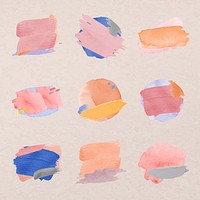 Watercolor badge sticker, pastel brush stroke texture vector set