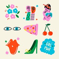 Woman empowerment sticker set in pop art style psd