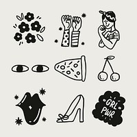 Line art girl power sticker pack in minimal black and white psd