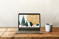 Laptop mockup psd, 3D Merry Christmas on screen