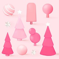 Cute pink Christmas 3D element set psd