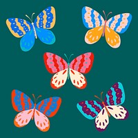 Colorful butterfly sticker, pop art design vector set