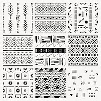 Tribal pattern background, black and white seamless geometric design, vector set