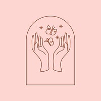 Aesthetic mystical badge, minimal hand and butterfly pink design