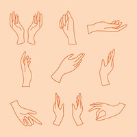 Hand gesture sticker, minimal line art illustrations set vector