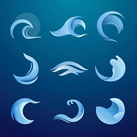Ocean wave sticker, animated water clipart, blue logo element for business psd set