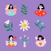 Retro feminine sticker, doodle illustration in cute colorful design psd set