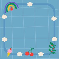 Rainbow frame background, blue aesthetic grid pattern with cute doodle vector