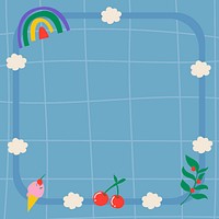 Rainbow frame background, blue aesthetic grid pattern with cute doodle psd