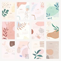 Pastel floral & botanical yearly calendar printable vector template set