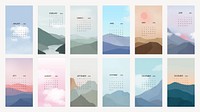 Sky & mountain yearly calendar vector in minimal Scandinavian aesthetics printable vector template set