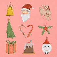 Christmas doodle sticker set, cute doodle illustration psd