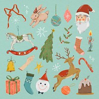 Christmas doodle sticker set, cute doodle illustration psd