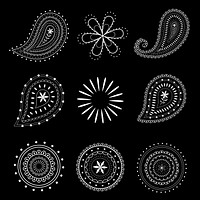 Paisley mandala sticker, simple black Indian illustration vector set