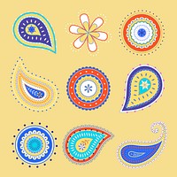 Paisley mandala sticker, colorful Indian illustration psd set