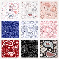 Paisley pattern background, Indian traditional colorful illustration psd set