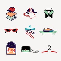 Cool aesthetic fashion sticker set, colorful illustration psd designs 