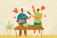 Happy gay couple cooking, hobby doodle character vector