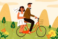 Wedding celebration doodle illustration, bride and groom riding a bicycle vector