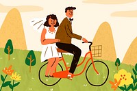 Wedding celebration doodle illustration, bride and groom riding a bicycle