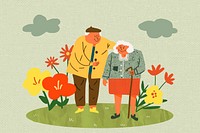 Cute senior couple walking in garden, character illustration in retro design