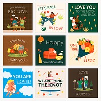 Valentine’s celebration Instagram post template, cute doodle illustrations and quote vector set