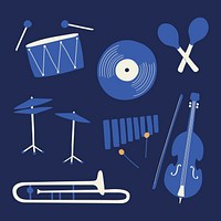 Jazz music instruments sticker, retro design, entertainment graphic in blue vector collection