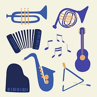 Jazz music instruments sticker, retro design, entertainment graphic in blue vector collection