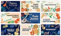 Music festival template, ad banner with retro instrument design vector collection