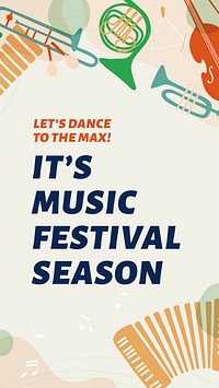 Music festival Instagram story template, ad with retro instrument design vector