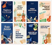 Retro music Instagram story template, festival ad with instrument graphic vector set