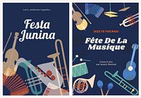 Music concert template, ad poster with retro instrument design vector dual set